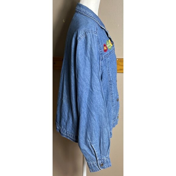 Agapo Denim Jacket Blue Embroidered Lightweight Jean Boho Cottage Casual Women L - Picture 9 of 11